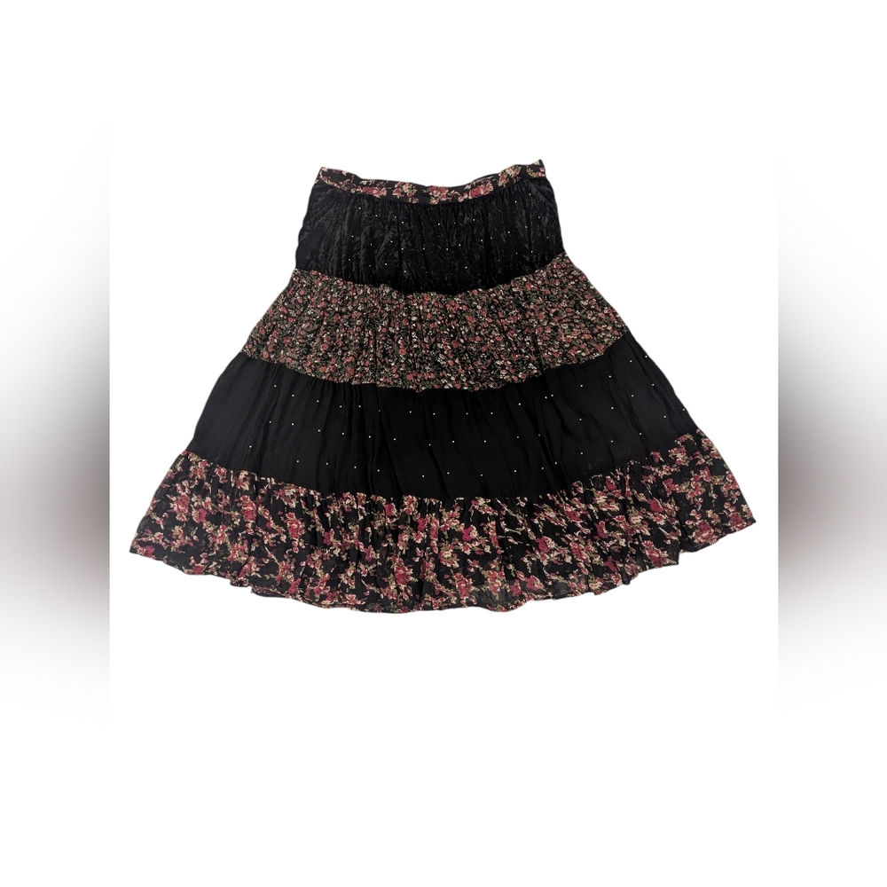 Passports of Pier 1 Imports 90s Floral Velvet Beaded Tiered Maxi Skirt - Sz L